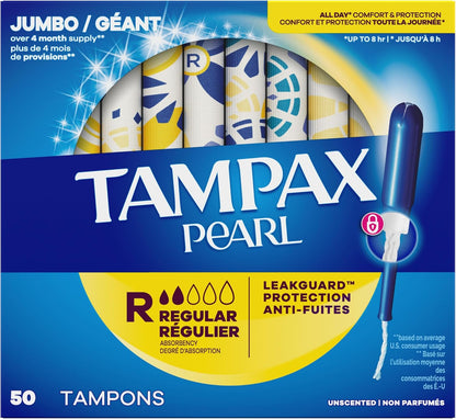 Tampax Pearl Tampons for Women, with LeakGuard Braid, Regular Absorbency, Unscented, 50 Count