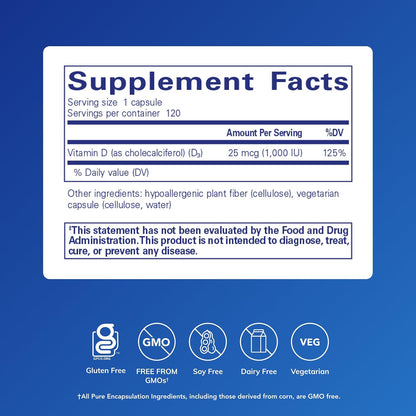 Pure Encapsulations Vitamin D3 25 mcg (1,000 IU), 120 Capsules