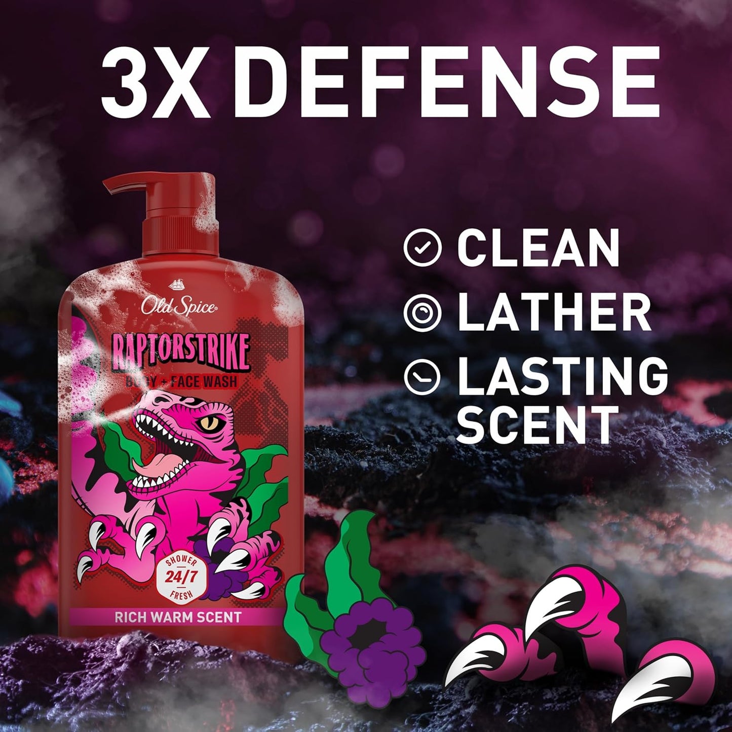 Old Spice Cleansing Body Wash for Men, 3X Defense, 24/7 Shower Fresh with Lasting Scent, 2-in-1 Body & Face Wash, Raptorstrike with Dark Berry Scent, 33.4 oz