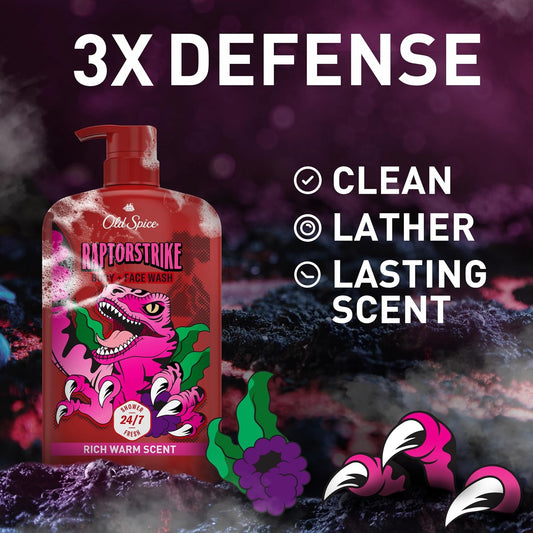 Old Spice Cleansing Body Wash for Men, 3X Defense, 24/7 Shower Fresh with Lasting Scent, 2-in-1 Body & Face Wash, Raptorstrike with Dark Berry Scent, 33.4 oz