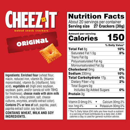 Cheez-It Cheese Crackers, Baked Snack Crackers, Lunch Snacks, Family Size, Original, 21oz Box (1 Box)