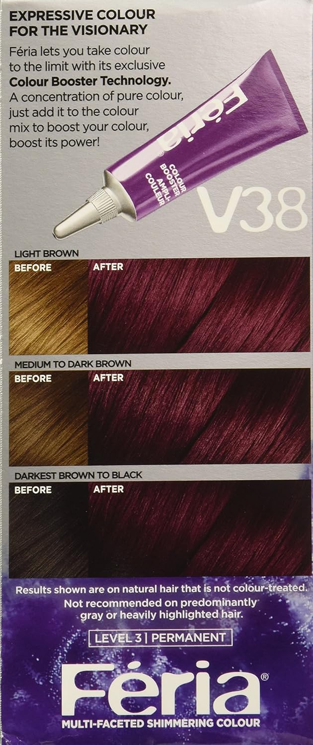 L'Oreal Paris Feria Multi-Faceted Shimmering Permanent Hair Color Hair Dye, V38 Violet Noir (Intense Deep Violet) (Pack of 2)