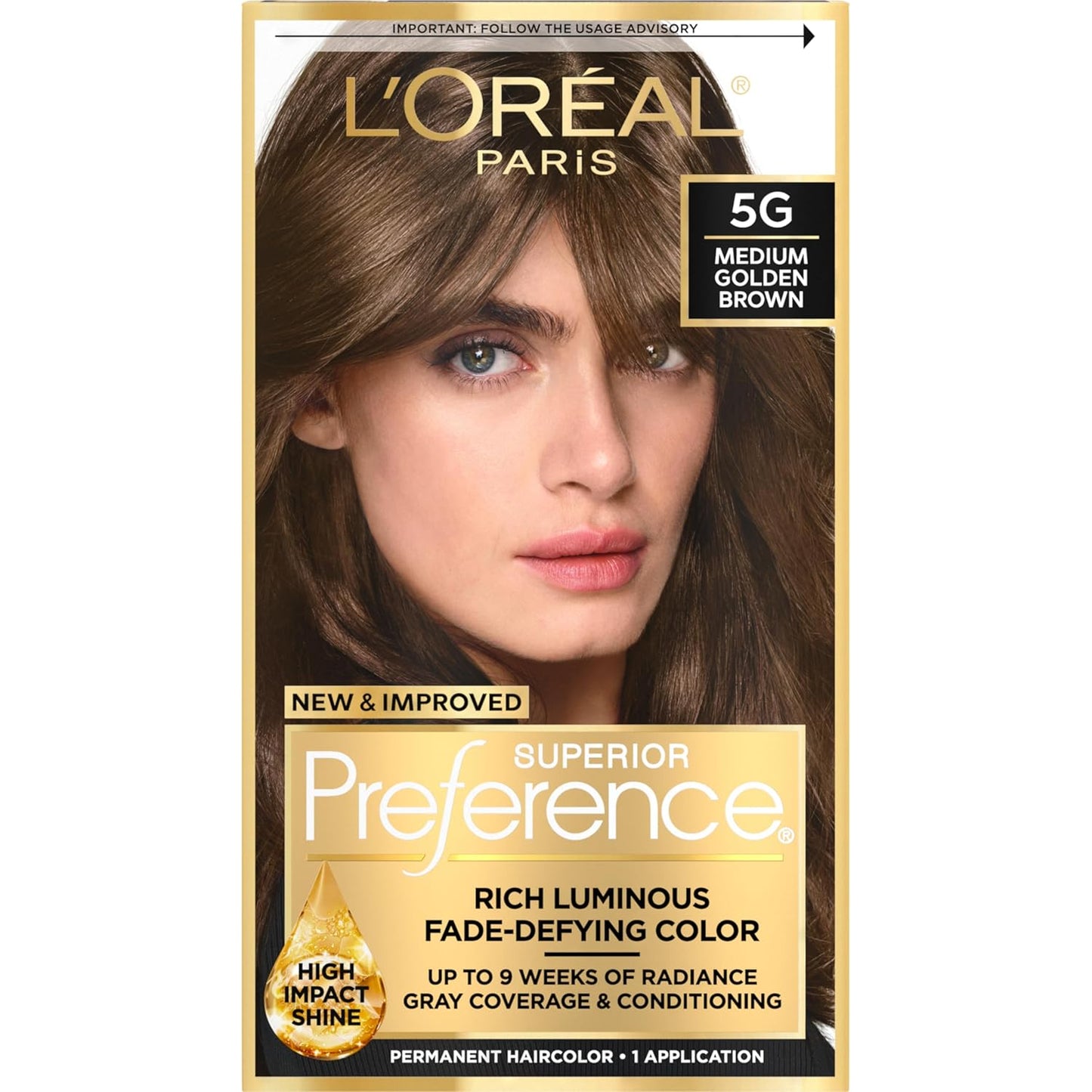 L'Oreal Paris Superior Preference Luminous Fade-Defying Permanent Hair Color, Hair Dye For Up to 9 Weeks of Radiance, Medium Golden Brown 5G, 1 Hair Dye Kit