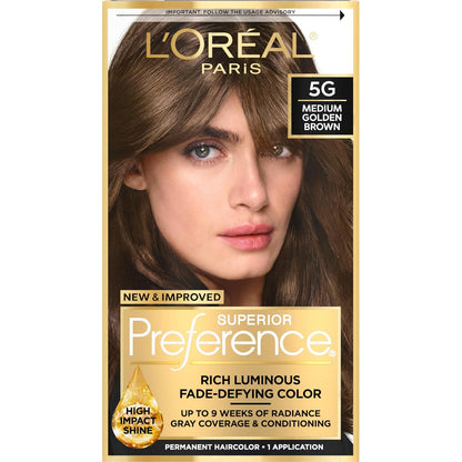 L'Oreal Paris Superior Preference Luminous Fade-Defying Permanent Hair Color, Hair Dye For Up to 9 Weeks of Radiance, Medium Golden Brown 5G, 1 Hair Dye Kit