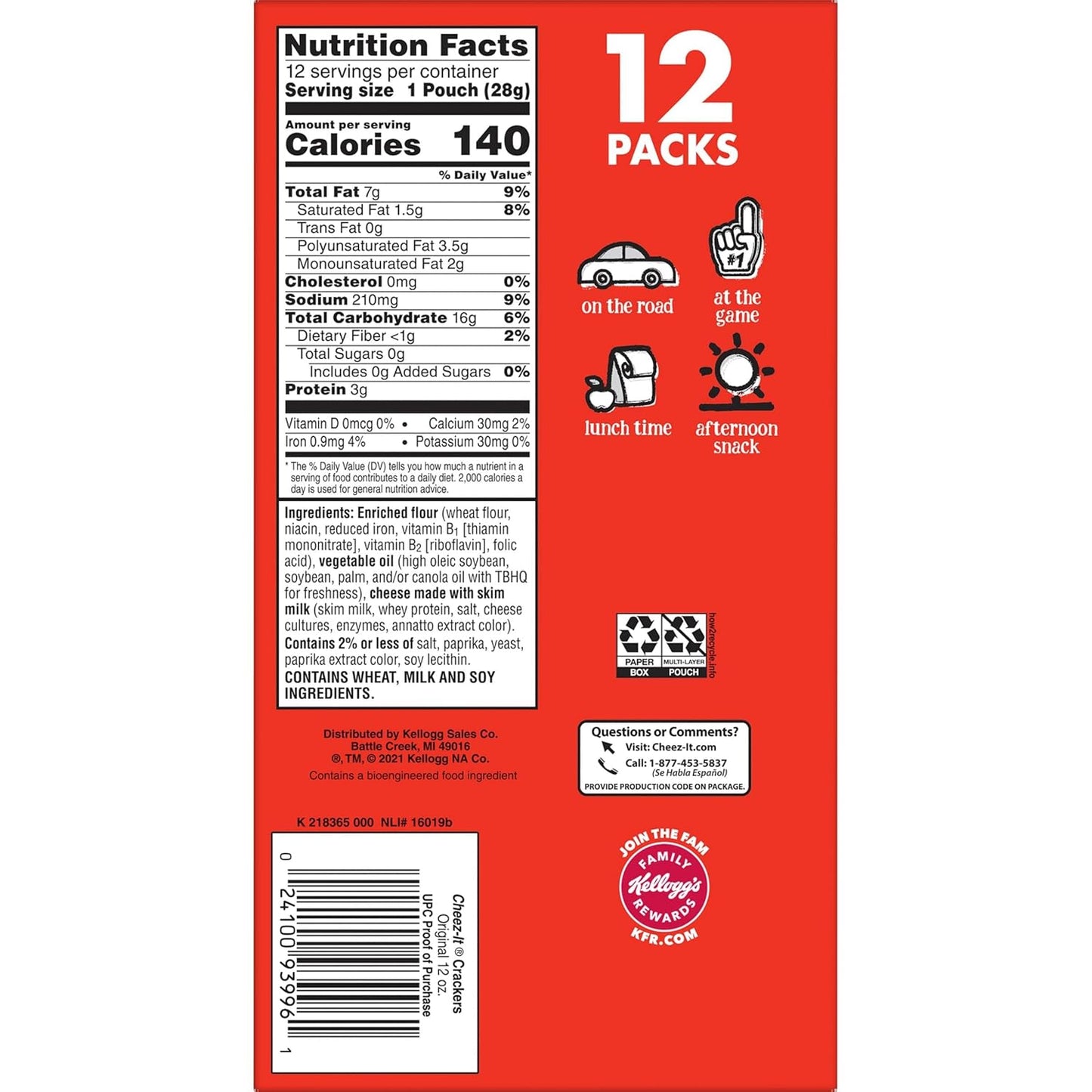 Cheez-It Baked Snack Cheese Crackers, Original, Single Serve, 1 oz Bags (12 Count)