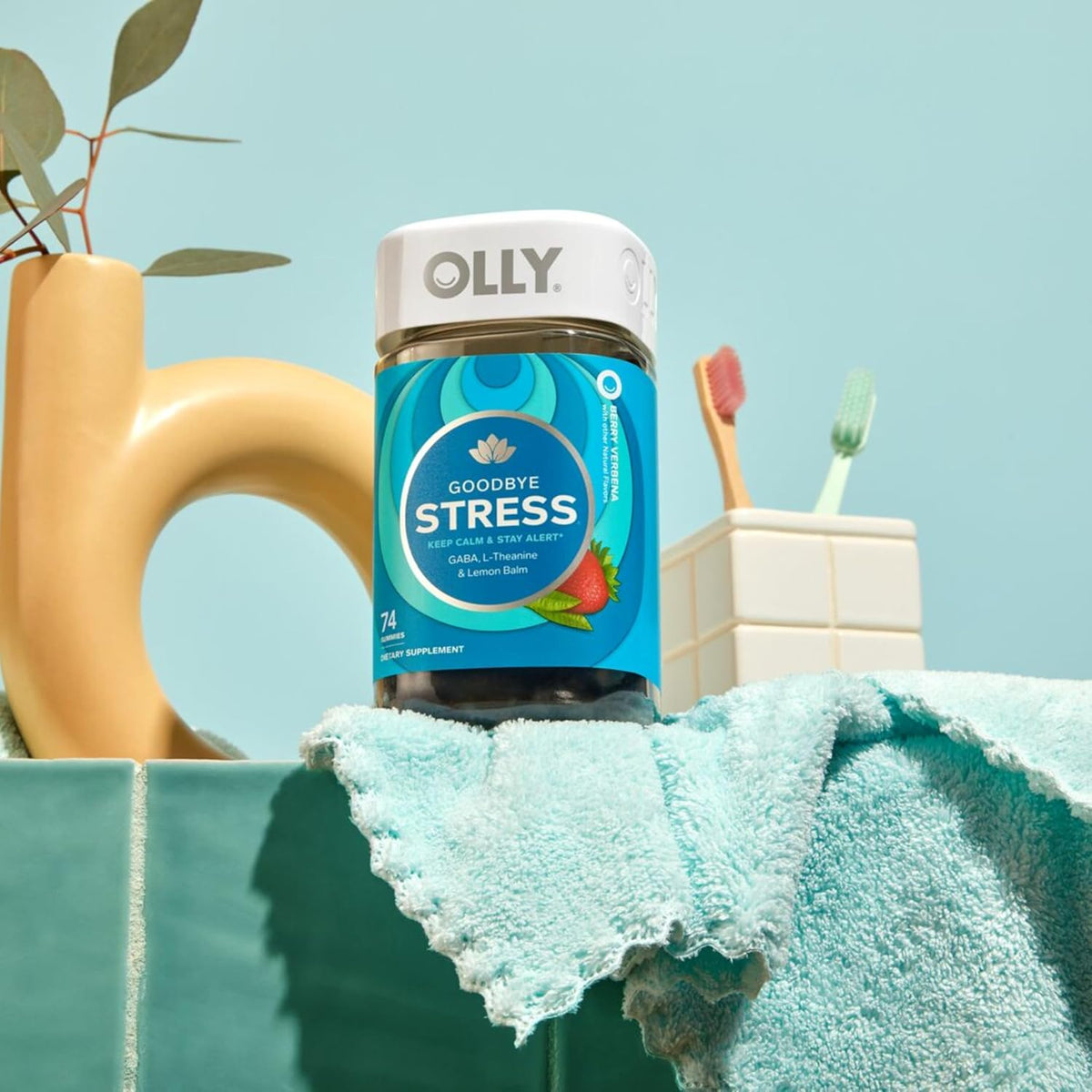 OLLY Goodbye Stress Gummy,GABA,L-Theanine,Lemon Balm,Stress Relief Supplement,Berry -,74 Count (Pack of 2)