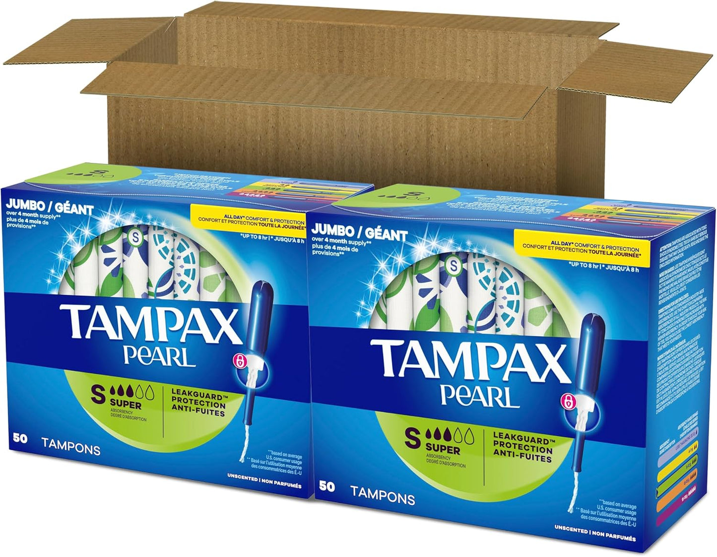 Tampax Pearl Tampons for Women, with LeakGuard Braid, Super Absorbency, Unscented, 100 Count (2 Packs of 50)