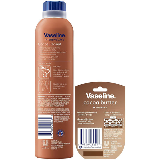 Vaseline Cocoa Radiant Spray Body Lotion 2-Pack + Mini Lip Therapy for Soft, Glowing Skin & Lips