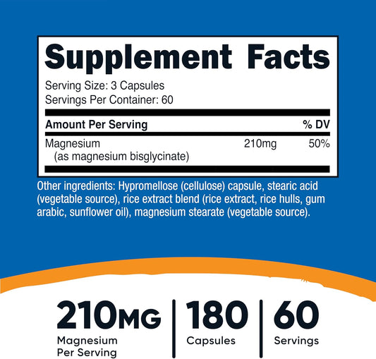 Nutricost Magnesium Glycinate Capsules, 180 Capsules, 210mg