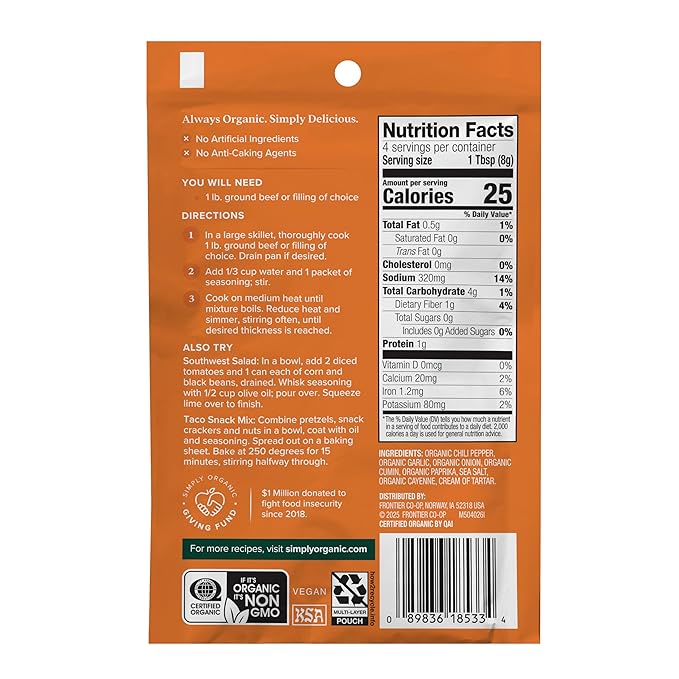 Simply Organic Southwest Taco Seasoning Mix, Gluten Free, Certified Organic, Kosher, Pure Flavor for Tacos, Stir-Fries, Mexican Dishes, and More | 1.13 Ounce (Pack of 12)