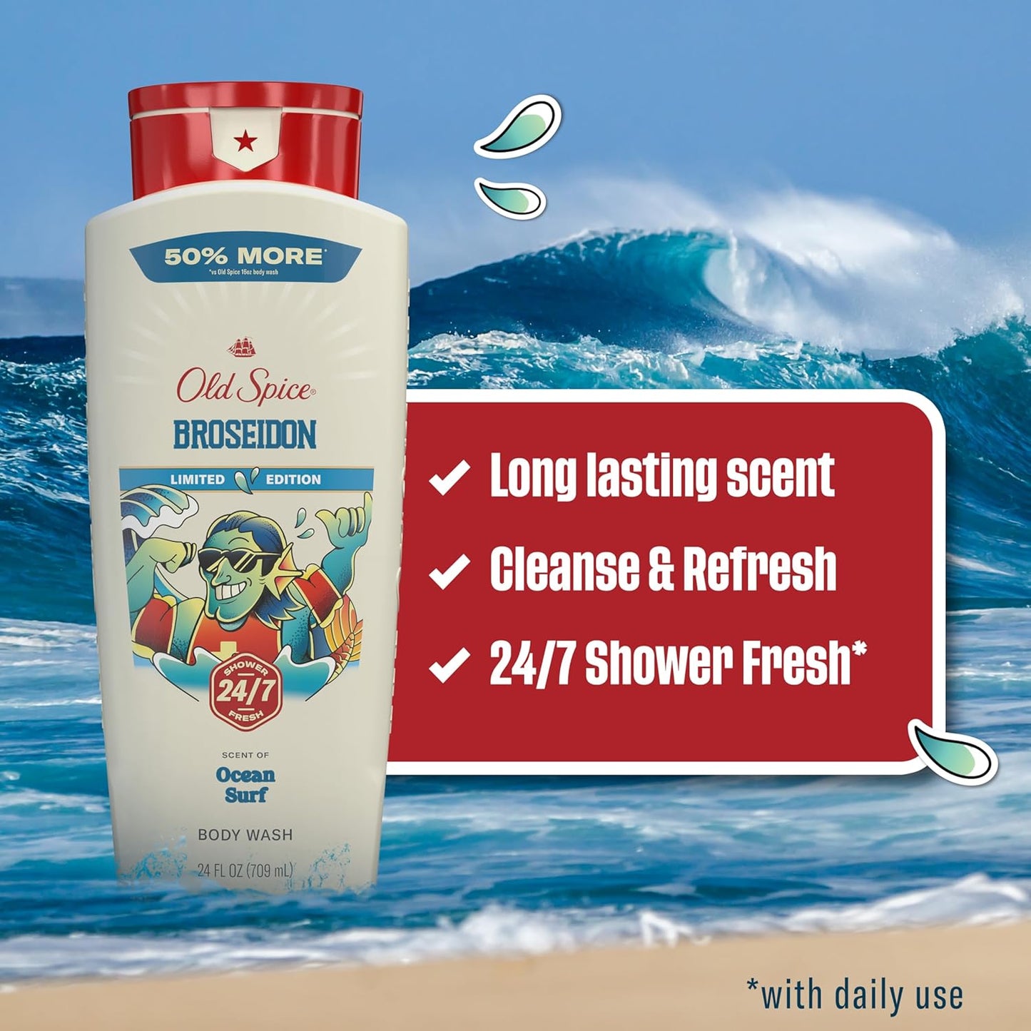 Old Spice Body Wash for Men, Summerdudes, 24/7 Shower Fresh with Daily Use, Long Lasting Scent, Cleanse & Refresh Skin, VIP Festival Experience, Broseidon with Ocean Surf Scent, 24 oz