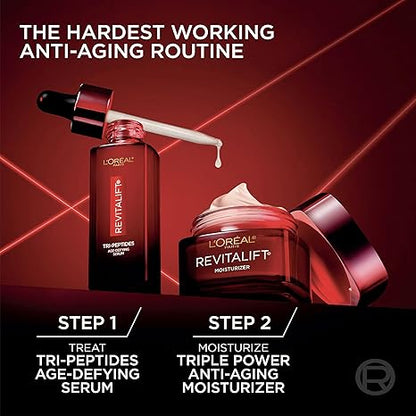 L'Oreal Paris Revitalift Triple Power Face Serum with Tri-Peptides, Hyaluronic Acid and Vitamin C, Anti Aging, Anti Wrinkle Serum to Firm and Brighten, 1 FL oz, + Sample