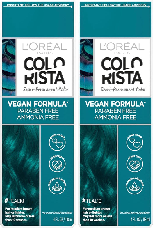 L'Oreal Paris Colorista Semi Permanent Hair Color for Brunettes, Color Depositing Hair Mask Formula, Teal (Pack of 2)