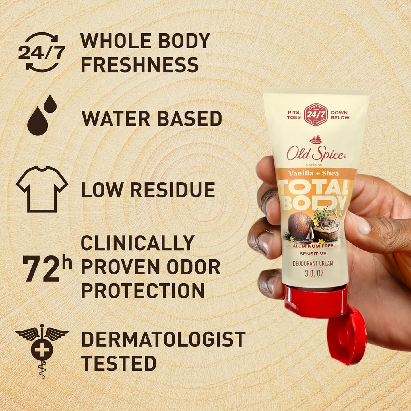 Old Spice Whole Body Deodorant Cream for Men, Aluminum Free, Vanilla + Shea Scent, 24/7 Odor Protection, 24/7 Lasting Freshness, Dermatologist Tested, Gentle on Skin, Safe to Use All Over, 3.0 oz