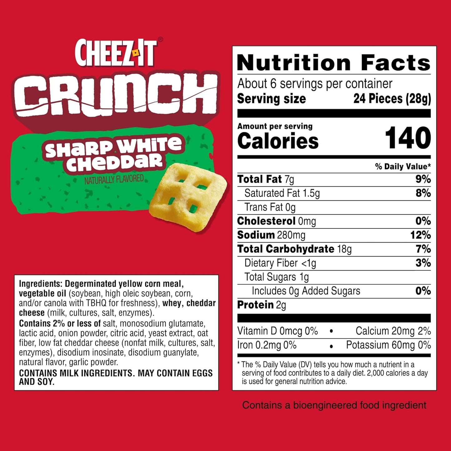 Cheez-It Crunch Cheesy Baked Snacks, Lunch Snacks, Sharp White Cheddar (6 Bags)