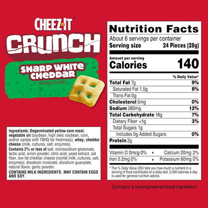 Cheez-It Crunch Cheesy Baked Snacks, Lunch Snacks, Sharp White Cheddar (6 Bags)