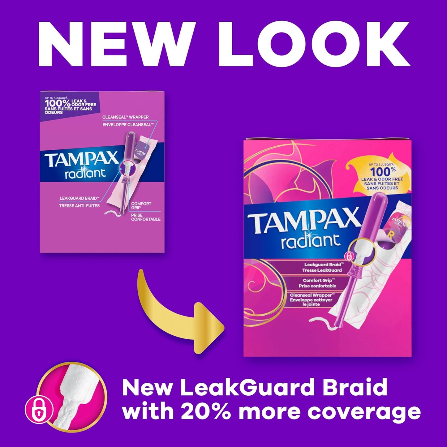 Tampax Radiant Tampons for Women Multipack, with LeakGuard Braid, Regular/Super Absorbency, Unscented, 28 Count, Packaging May Vary
