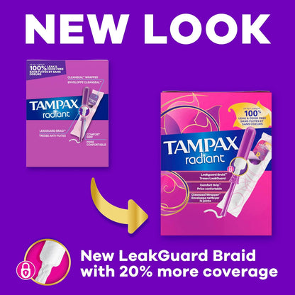 Tampax Radiant Tampons for Women Multipack, with LeakGuard Braid, Regular/Super Absorbency, Unscented, 28 Count, Packaging May Vary