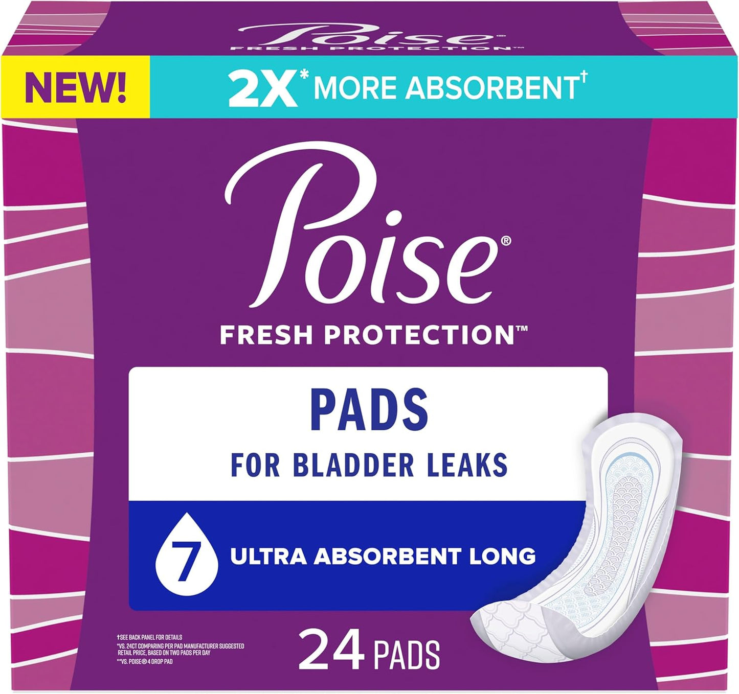 Poise Incontinence Pads & Postpartum Incontinence Pads, 7 Drop Ultra Absorbency, Long Length, 24 Count, Packaging May Vary
