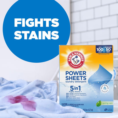 ARM & HAMMER 5-in-1 Power Sheets Laundry Detergent, Spring Rain, 50 Count