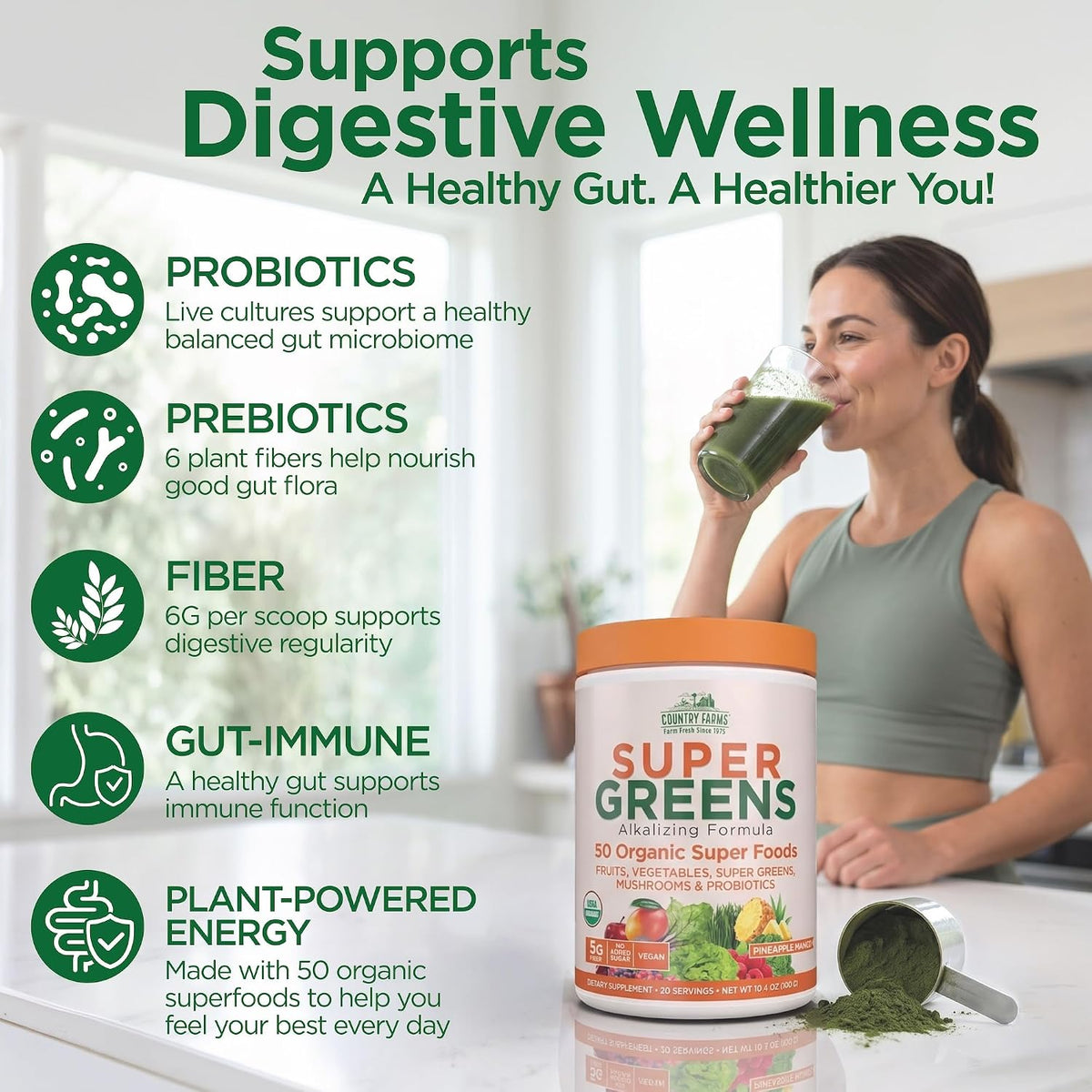 Country Farms Organic Super Greens Powder, 50 Organic Superfoods, Greens Drink with Fruits, Vegetables, Fiber, Probiotics & Mushrooms, Supports Energy, Gut Health & Digestion, Pineapple Mango Flavor