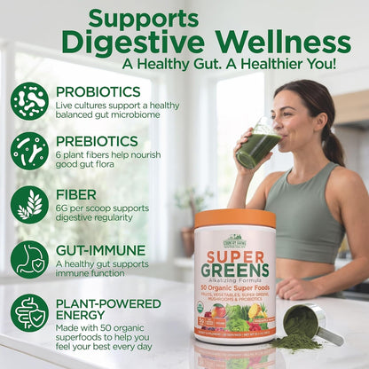 Country Farms Organic Super Greens Powder, 50 Organic Superfoods, Greens Drink with Fruits, Vegetables, Fiber, Probiotics & Mushrooms, Supports Energy, Gut Health & Digestion, Pineapple Mango Flavor