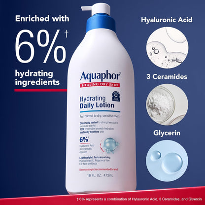 Aquaphor Daily Hydrating Face and Body Lotion, Hyaluronic Acid, 16 FL OZ