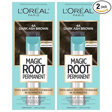 L'Oreal Paris Magic Root Permanent Hair Color Kit, 100% Gray Hair Coverage In Just 10 Minutes, Precision Brush Applicator for Seamless Application, 4A Dark Ash Brown (2 Count)