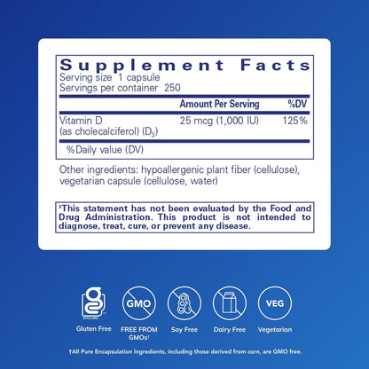 Pure Encapsulations Vitamin D3 25 mcg (1,000 IU), 250 Capsules