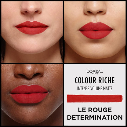 L'Oreal Paris Colour Riche Intense Volume Matte Lipstick, Lip Color Infused with Hyaluronic Acid for up to 16hr All Day Comfort, Le Rouge Determination, 0.06 oz (Pack of 2)