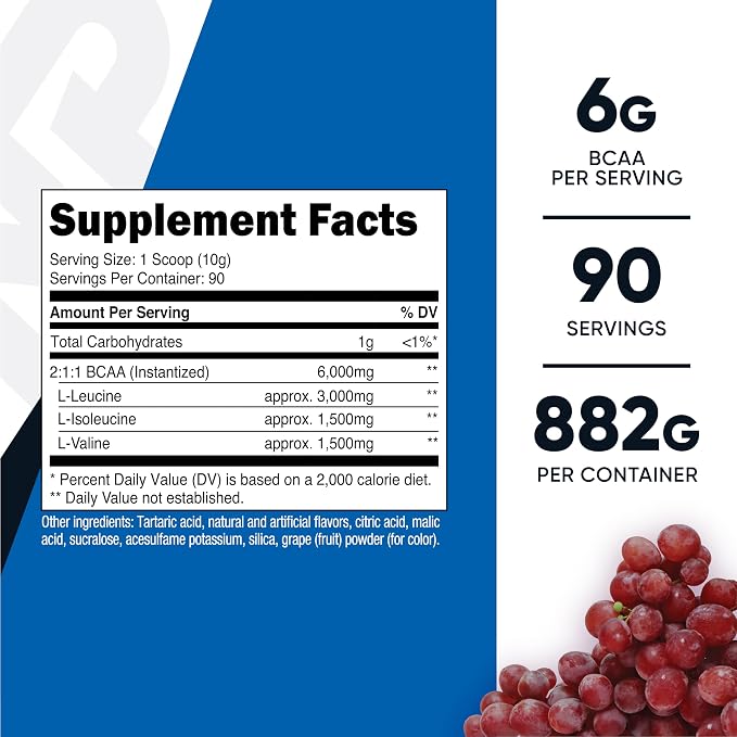 Nutricost BCAA Powder (Grape) 90 Servings, Optimal 2:1:1 Ratio, GMO-Free