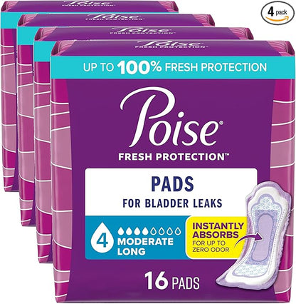 Poise Incontinence Pads & Postpartum Incontinence Pads, 4 Drop Moderate Absorbency, Long Length, 16 Count, Packaging (Pack of 4)