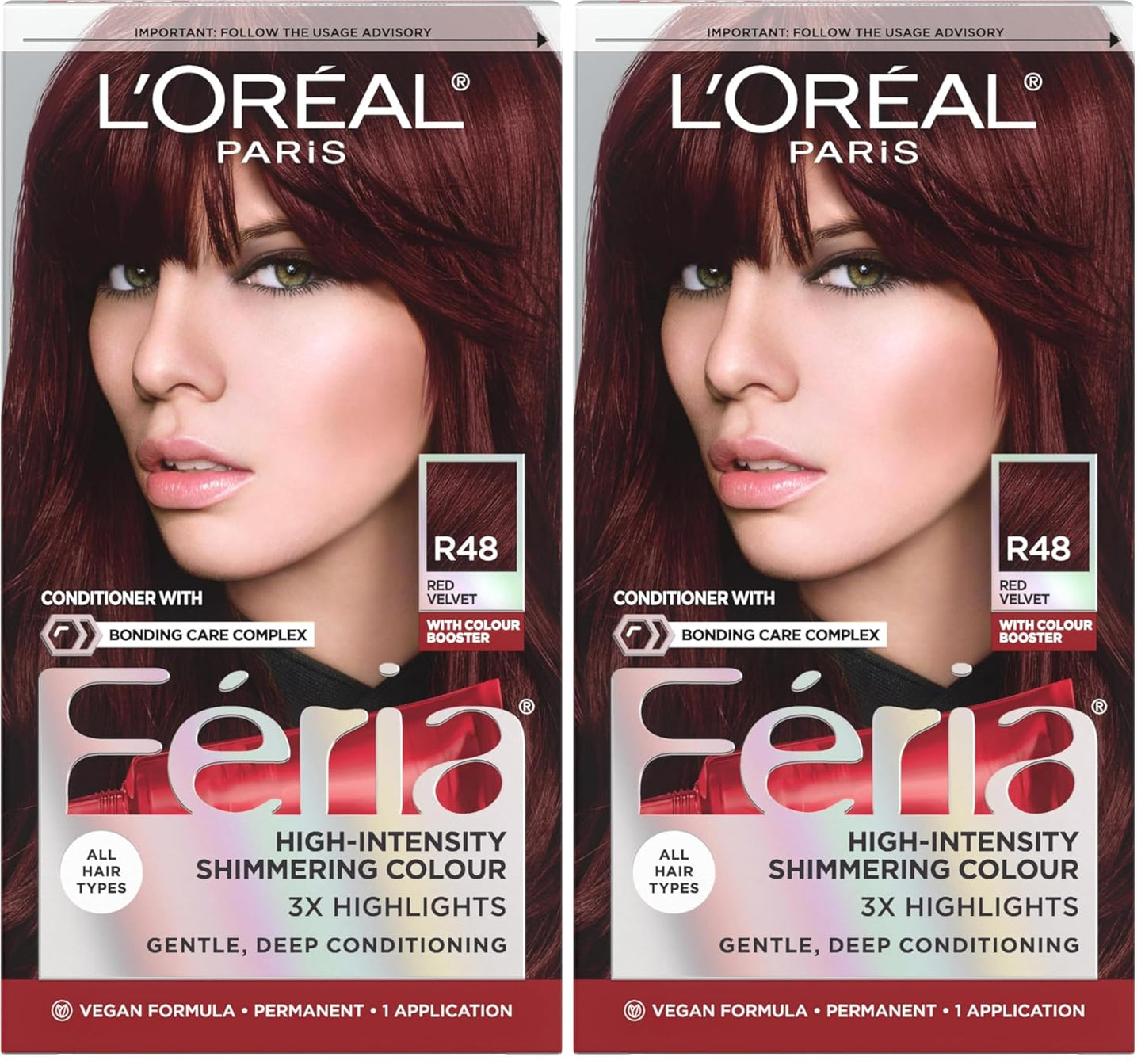L'Oreal Paris Feria Multi-Faceted Shimmering Permanent Hair Color, R48 Red Velvet (Intense Deep Auburn), Pack of 2, Hair Dye