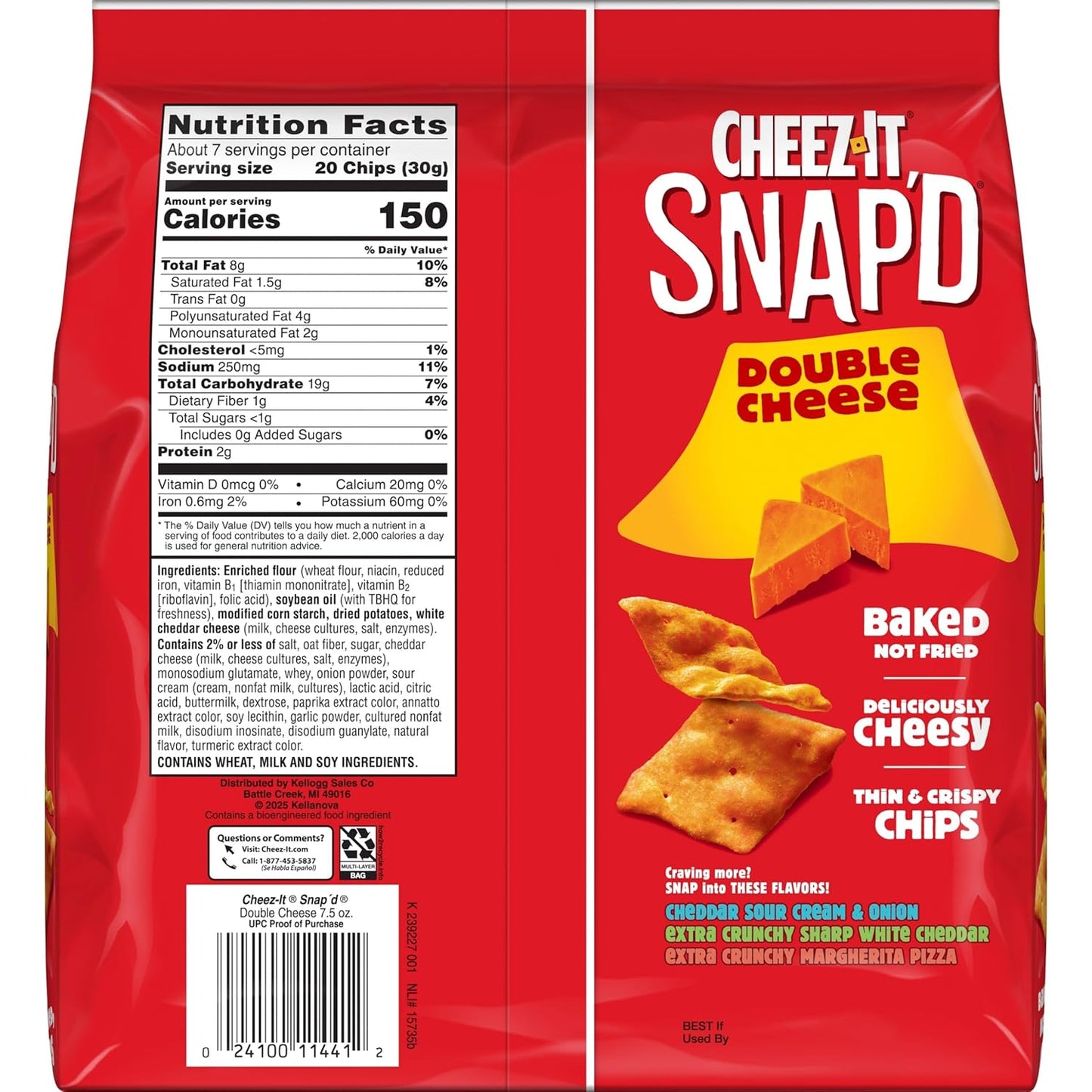 Cheez-It Snap'd Cheesy Baked Chips, Lunch Snacks, Double Cheese, 7.5oz Bag (1 Bag)