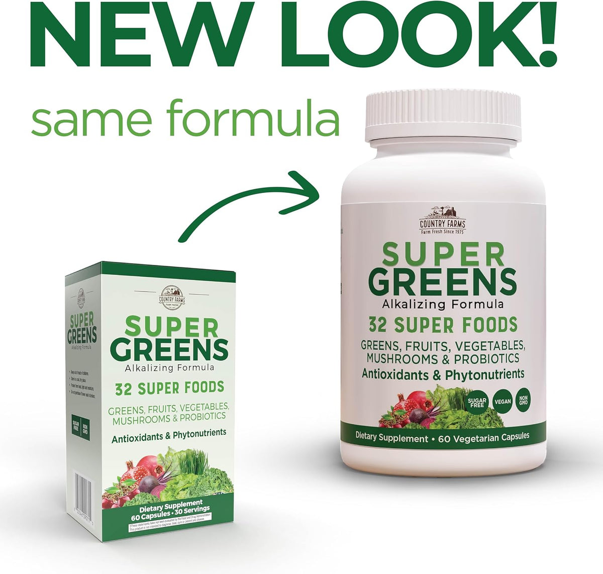 Country Farms Super Greens Vegicaps, 32 Super Foods, Whole Food Supplement, Greens, Fruit, Vegetables, Mushrooms & Probiotics, Rich in Antioxidants & Phytonutrients, 120 Count, 60 Servings