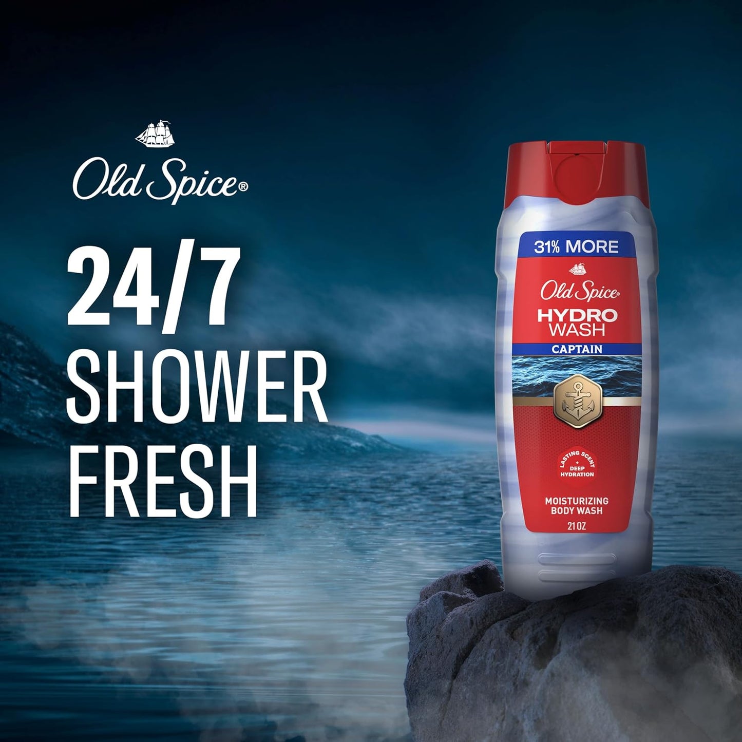 Old Spice Moisturizing Body Wash for Men, Hydro Wash, 2-in-1 Long Lasting Scent & Deep Hydration, 24/7 Shower Fresh, Captain Scent with Ocean Mist & Bergamot, 21 oz (Pack of 4)