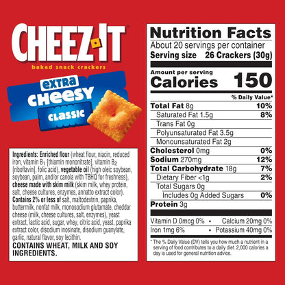 Cheez-It Cheese Crackers, Baked Snack Crackers, Lunch Snacks, Family Size, Extra Cheesy, 21oz Box (1 Box) (Pack of 2)