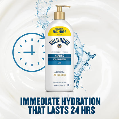 Gold Bond Healing Hydrating Body Lotion with Aloe, Moisturizer for Dry to Extra Dry Skin, 24-HR Hydration to Soothe & Comfort, Non-Greasy, Dermatologist-Tested, Light Scent, 24 Oz Family Size Pump