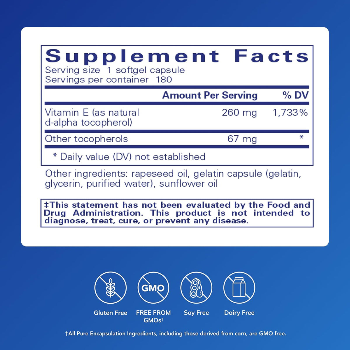 Pure Encapsulations Vitamin E, 180 Softgel Capsules