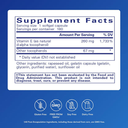 Pure Encapsulations Vitamin E, 180 Softgel Capsules