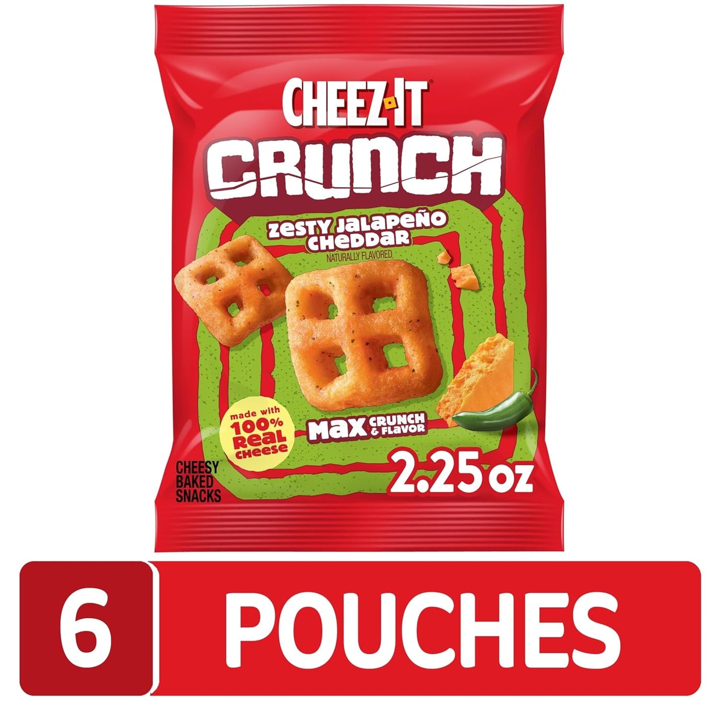 Cheez-It Crunch Cheesy Baked Snacks, Lunch Snacks, Zesty Jalapeno Cheddar (6 Pouches)