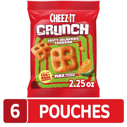 Cheez-It Crunch Cheesy Baked Snacks, Lunch Snacks, Zesty Jalapeno Cheddar (6 Pouches)