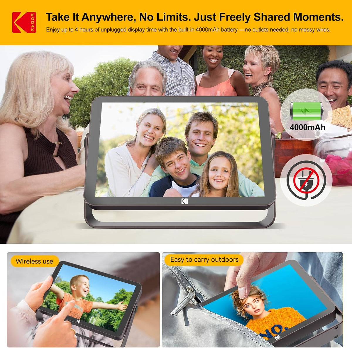KODAK 64GB WiFi Digital Picture Frame with 4000mAh Battery Powered, 10.1 inch 1280 * 800 G+G IPS Touch Screen Electronic Smart Digital Photo Frame, Auto-Rotate, Gifts for Women Mom