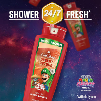 Old Spice X Super Mario, Desert Detour with Vanilla Sands Scent, Aluminum Free Deodorant + Body & Face Wash Bundle for Men, Smell Super with 24/7 Lasting Freshness & 24/7 Shower Clean (Pack of 2)
