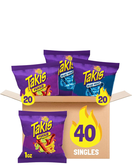 Takis Assorted Variety Pack Rolled Tortilla Chips, 40 Count | Fuego and Blue Heat, Extremely Spicy, 20 per Flavor, 1oz Individual Bags for Snacking and Lunchboxes