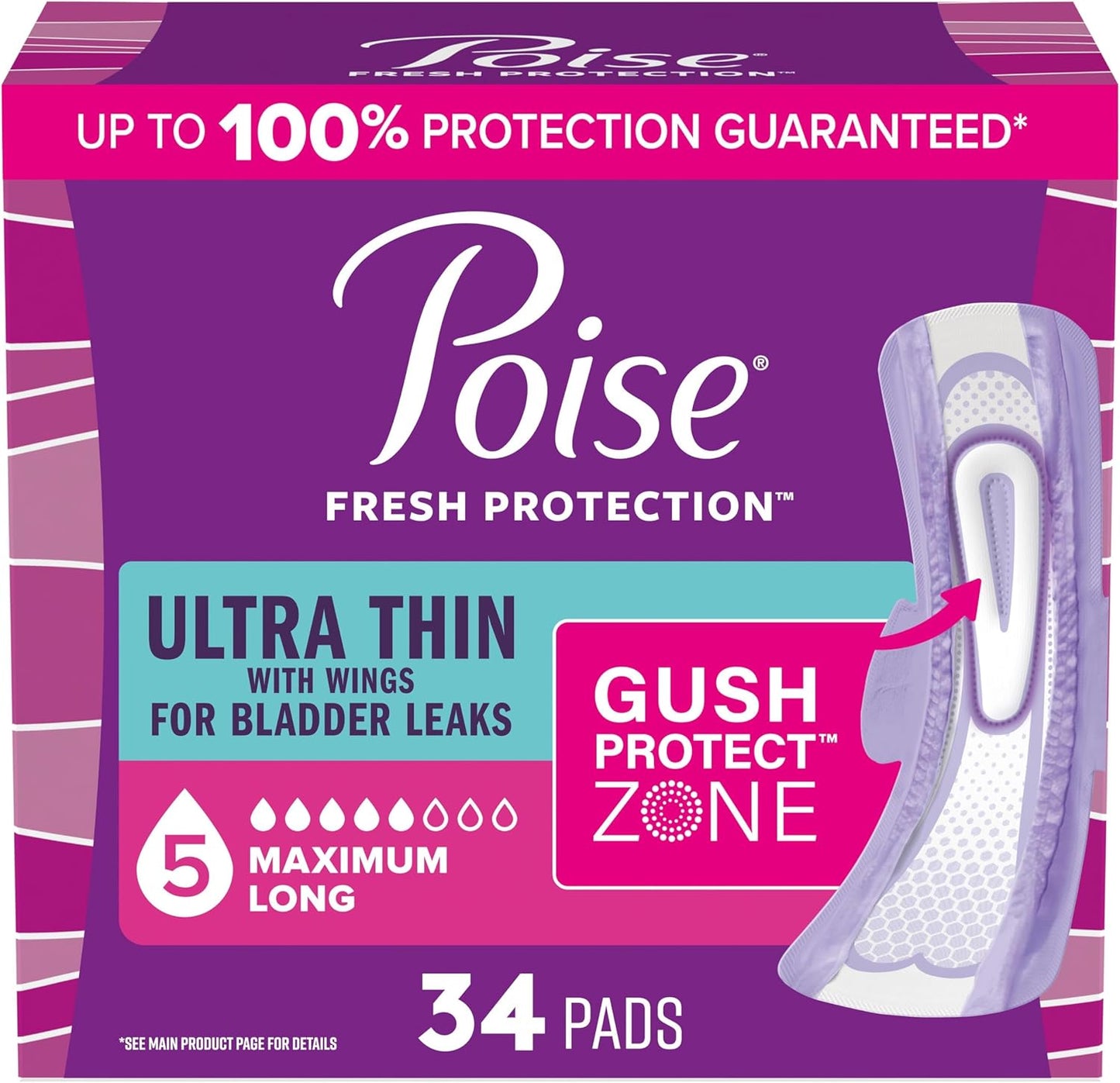 Poise Ultra Thin Incontinence & Postpartum Pads with Wings for Bladder Leaks, 5 Drop Maximum Absorbency, Long Length, 34 Count (Packaging May Vary)
