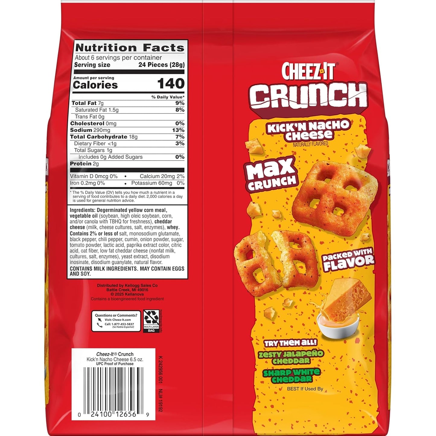 Cheez-It Crunch Cheesy Baked Snacks, Lunch Snacks, Kick'n Nacho Cheese, 6.5oz Bag (1 Bag)