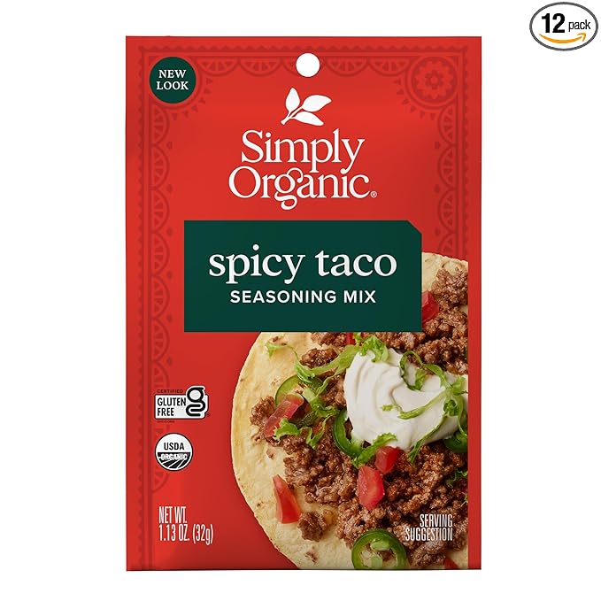 Simply Organic Spicy Taco Seasoning Mix, Gluten Free, Certified Organic, Kosher, Vegan, Vegetarian, Pure Flavor for Tacos, Stir-Fries, Mexican Dishes, and More | 1.13 Ounce (Pack of 12)