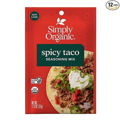 Simply Organic Spicy Taco Seasoning Mix, Gluten Free, Certified Organic, Kosher, Vegan, Vegetarian, Pure Flavor for Tacos, Stir-Fries, Mexican Dishes, and More | 1.13 Ounce (Pack of 12)
