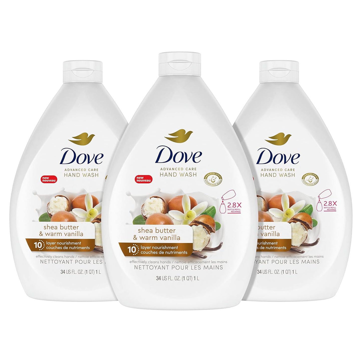 Dove Advanced Care Hand Wash Shea Butter & Warm Vanilla Pack of 3 For Soft, Smooth Skin, More Moisturizers Than The Leading Ordinary Hand Soap, 34 oz